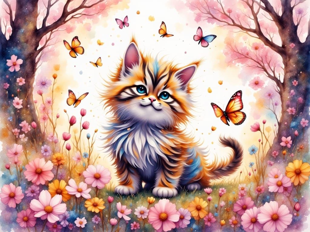Whimsical Kitten Chases Butterflies in Vibrant Meadow