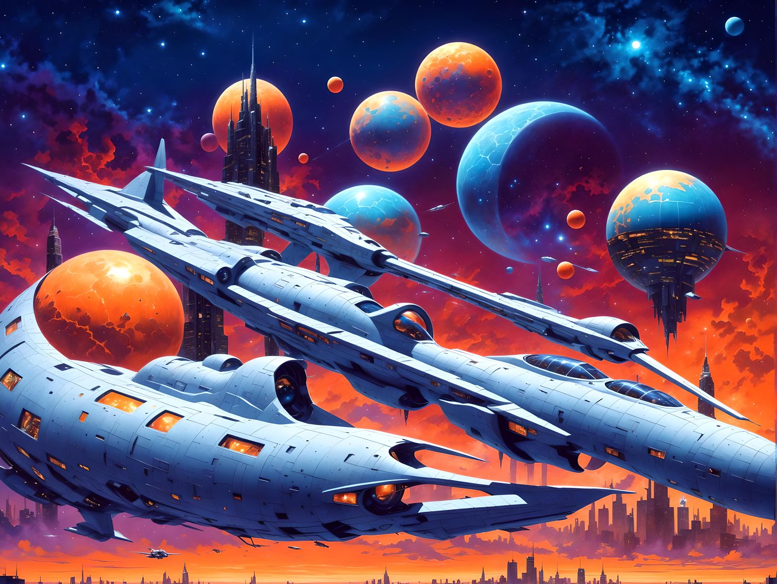 Retrofuturistic Nightsky City in Freas Style