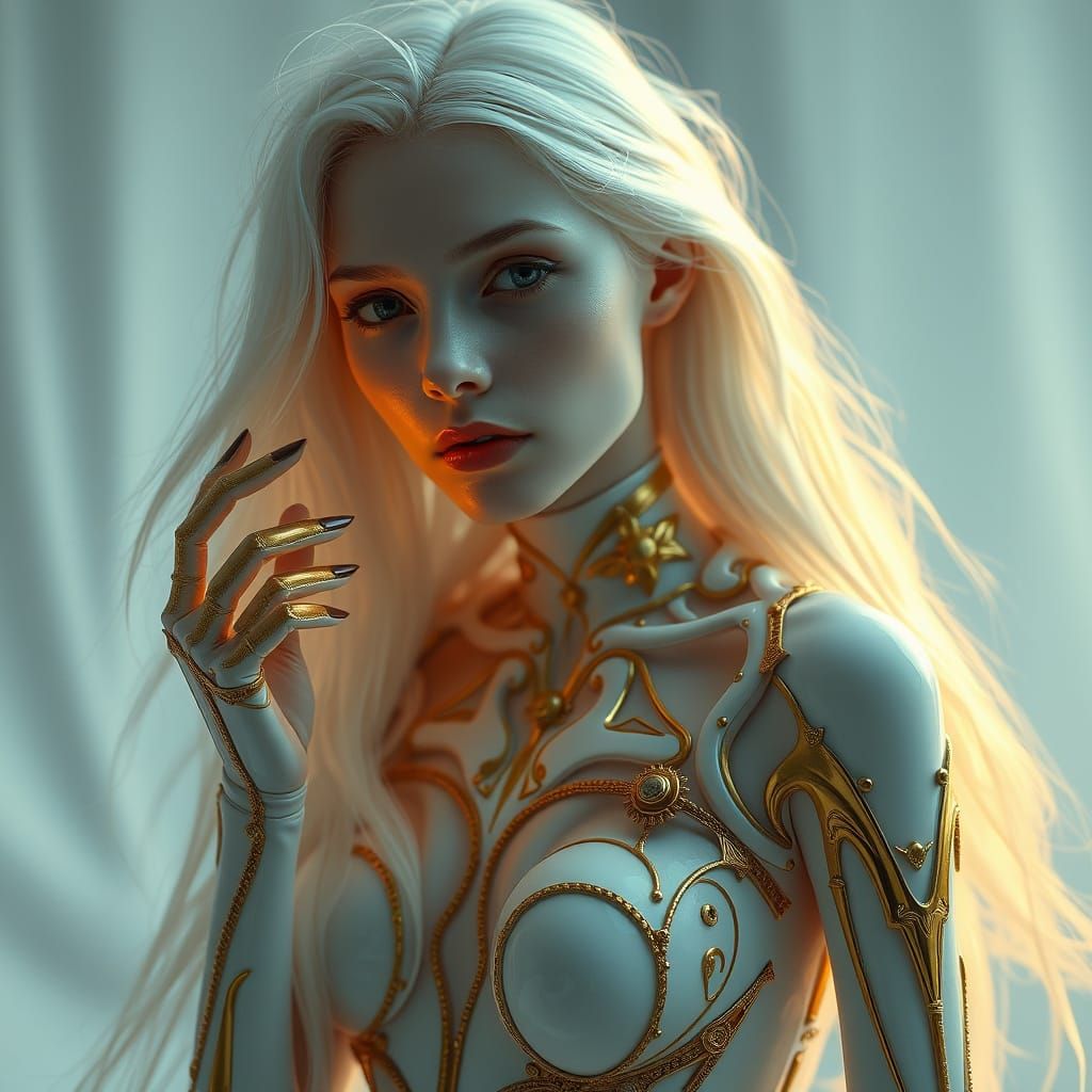 Surreal Portrait of Woman in Enchanted Gold and White Porcel...