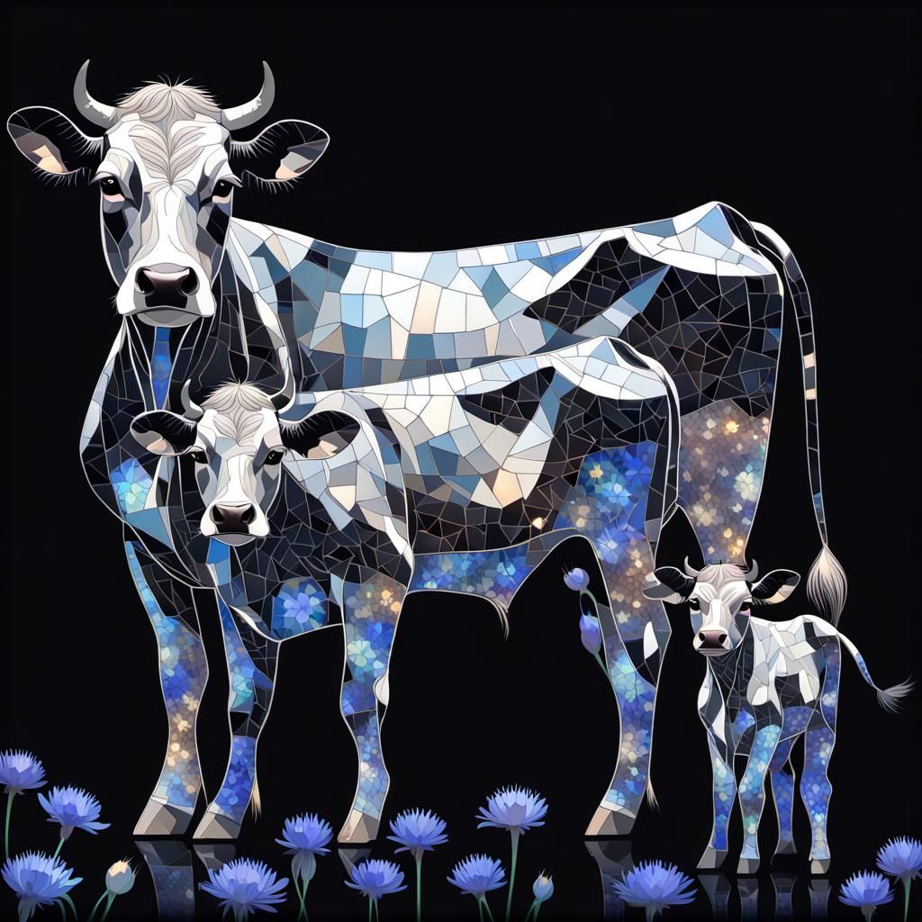 Mosaic Cow and Calf with Transparent Details
