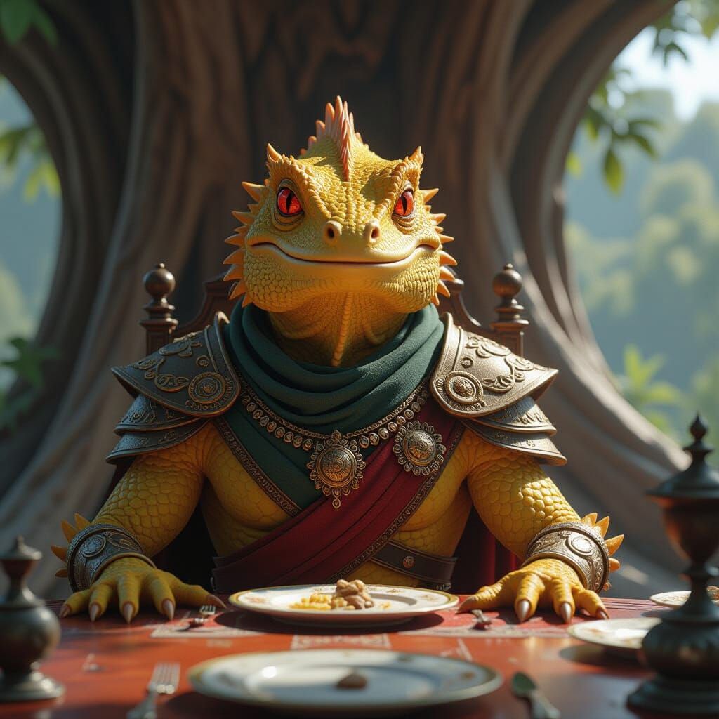 Lizardman Noble Seated at Grand Treehouse Dining Table