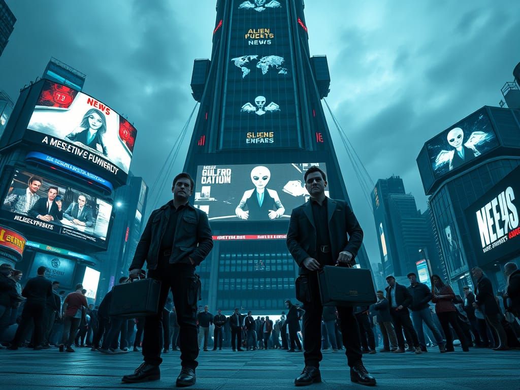 Defiant Agents Confront Media Tower in Cyberpunk Style