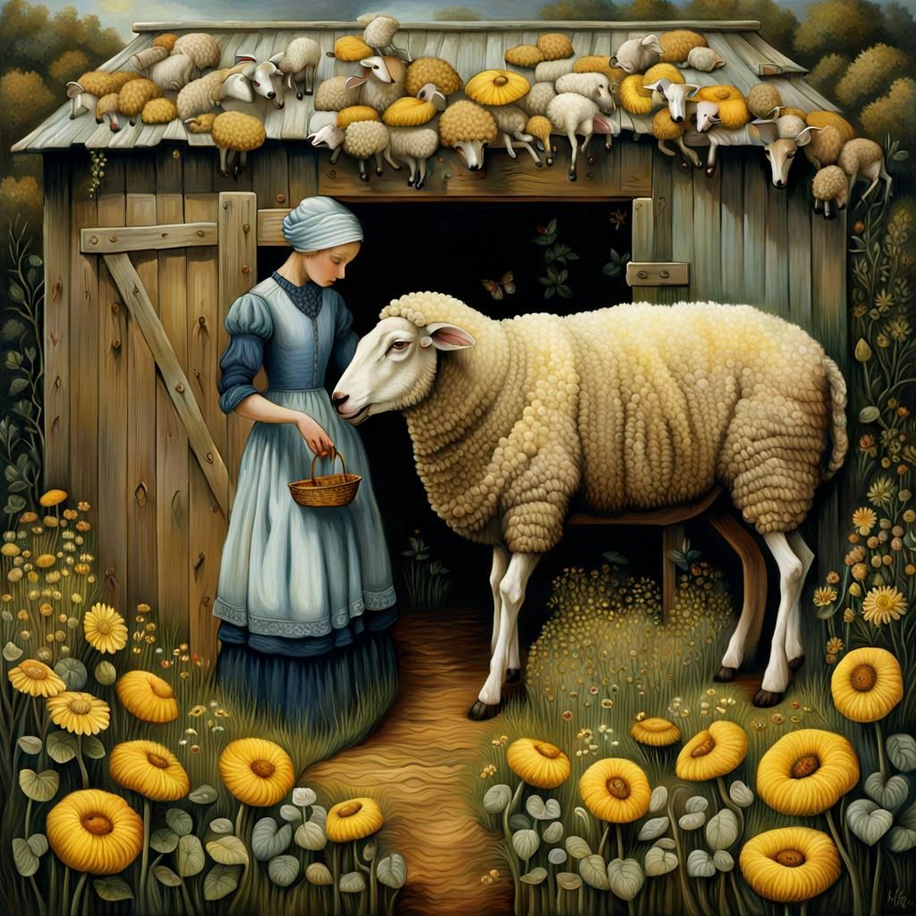 Surreal Sheep Tango in Floral Shed: Dreamlike Art