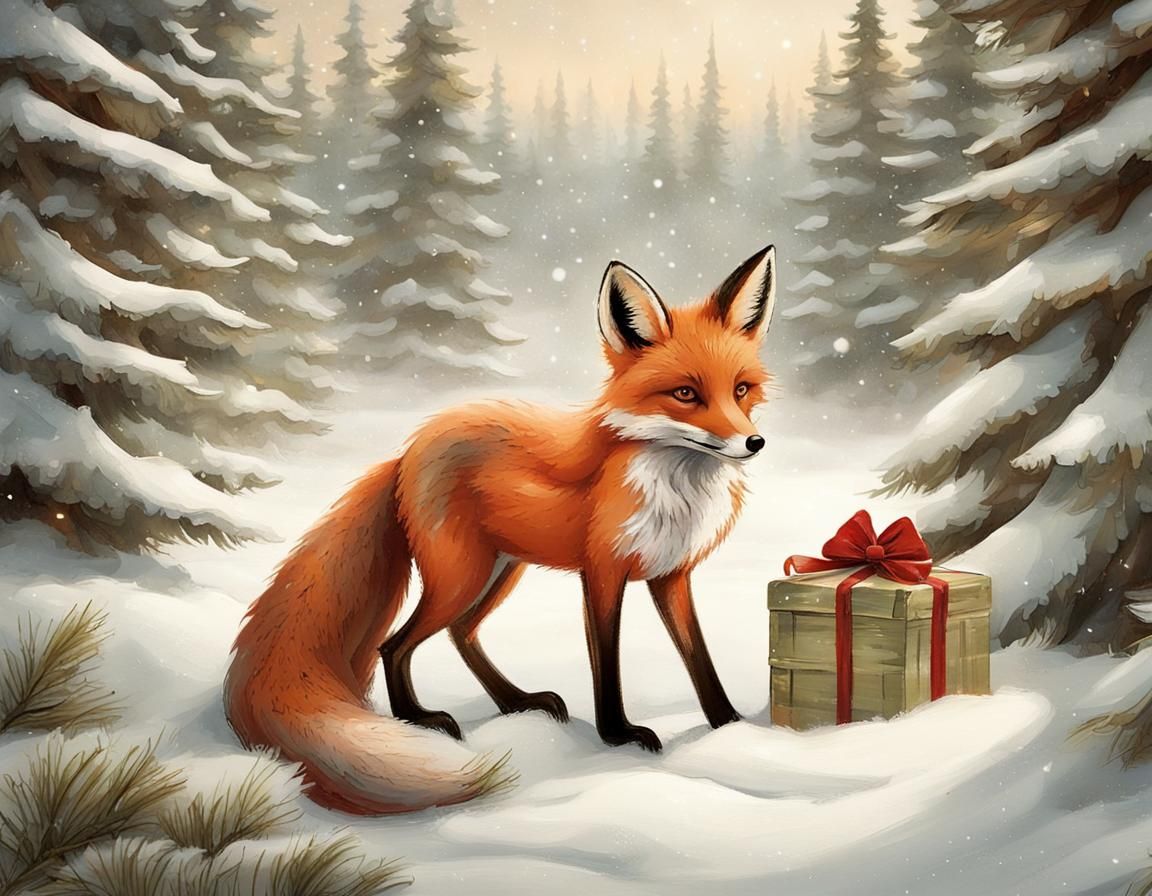 Vintage Christmas Fox in Snowy Scene