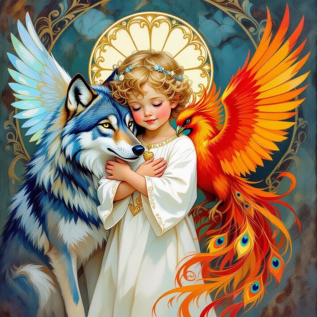 Whimsical Angel Boy Surrounded by Wolf and Phoenix