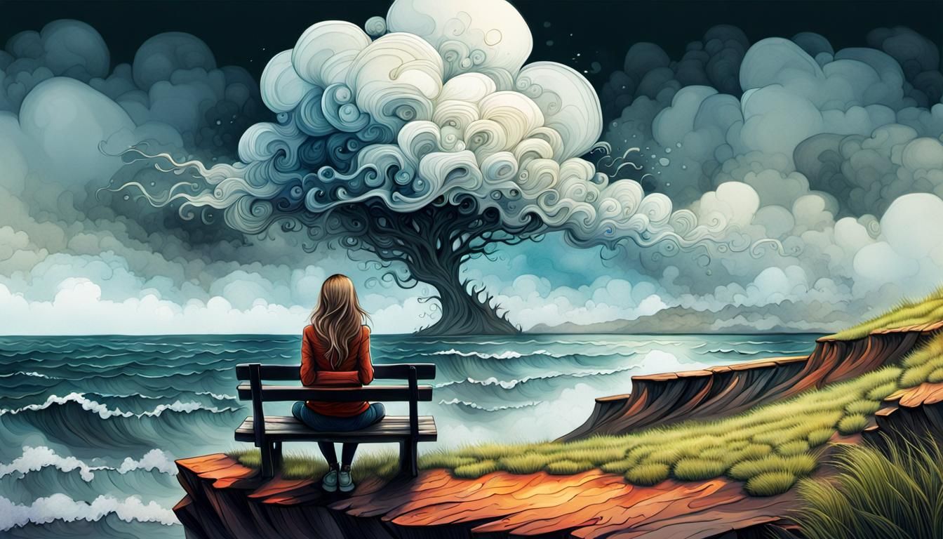 Girl on Cliffside Bench Confronted by Angry Cloud