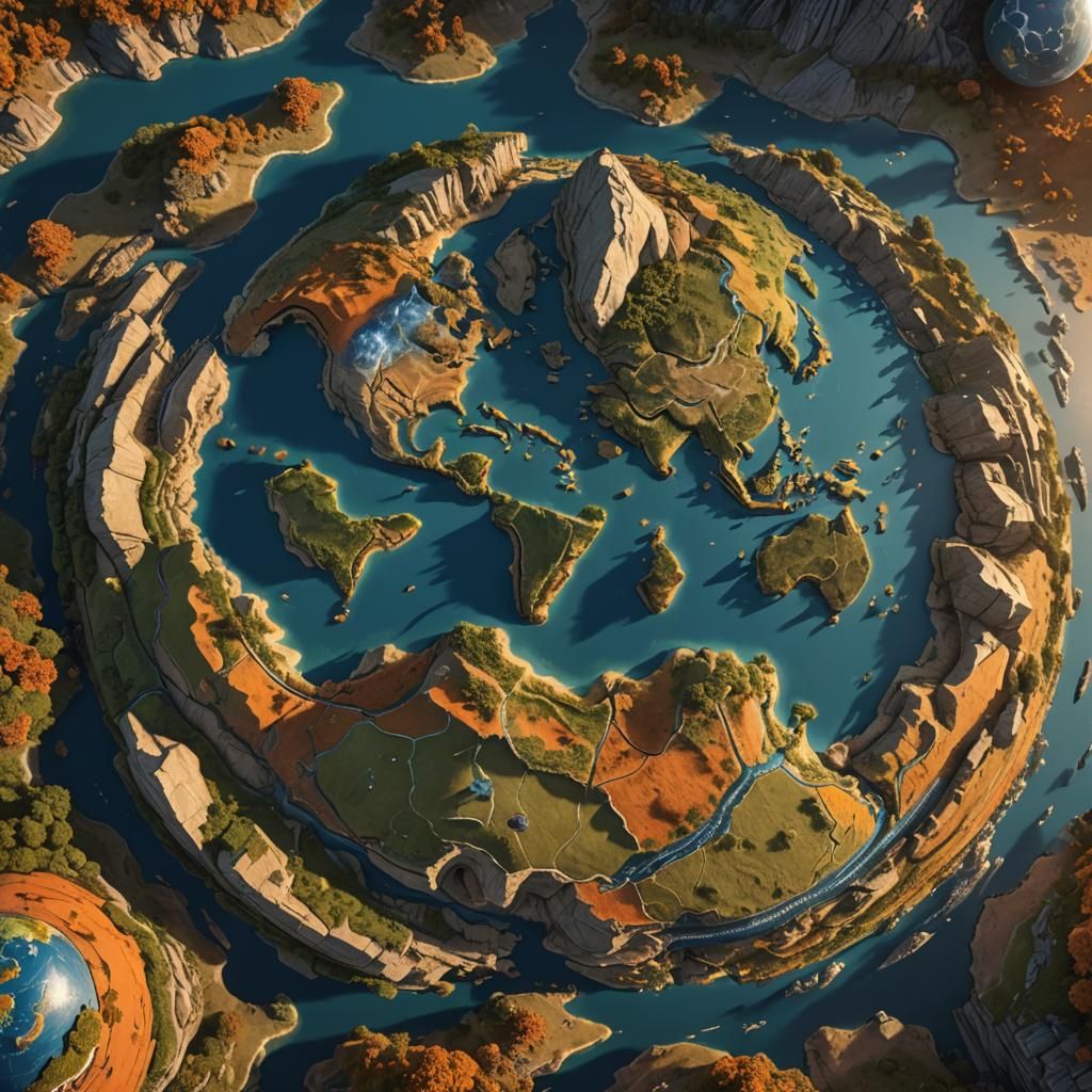 Detailed Flat Earth Map in Golden Hour Lighting