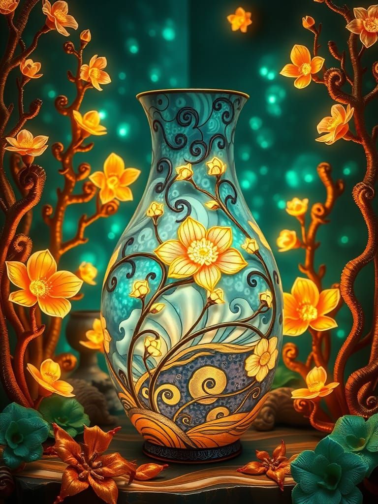 Kintsugi Vase with Bioluminescent Flowers in Digital Art Sty...