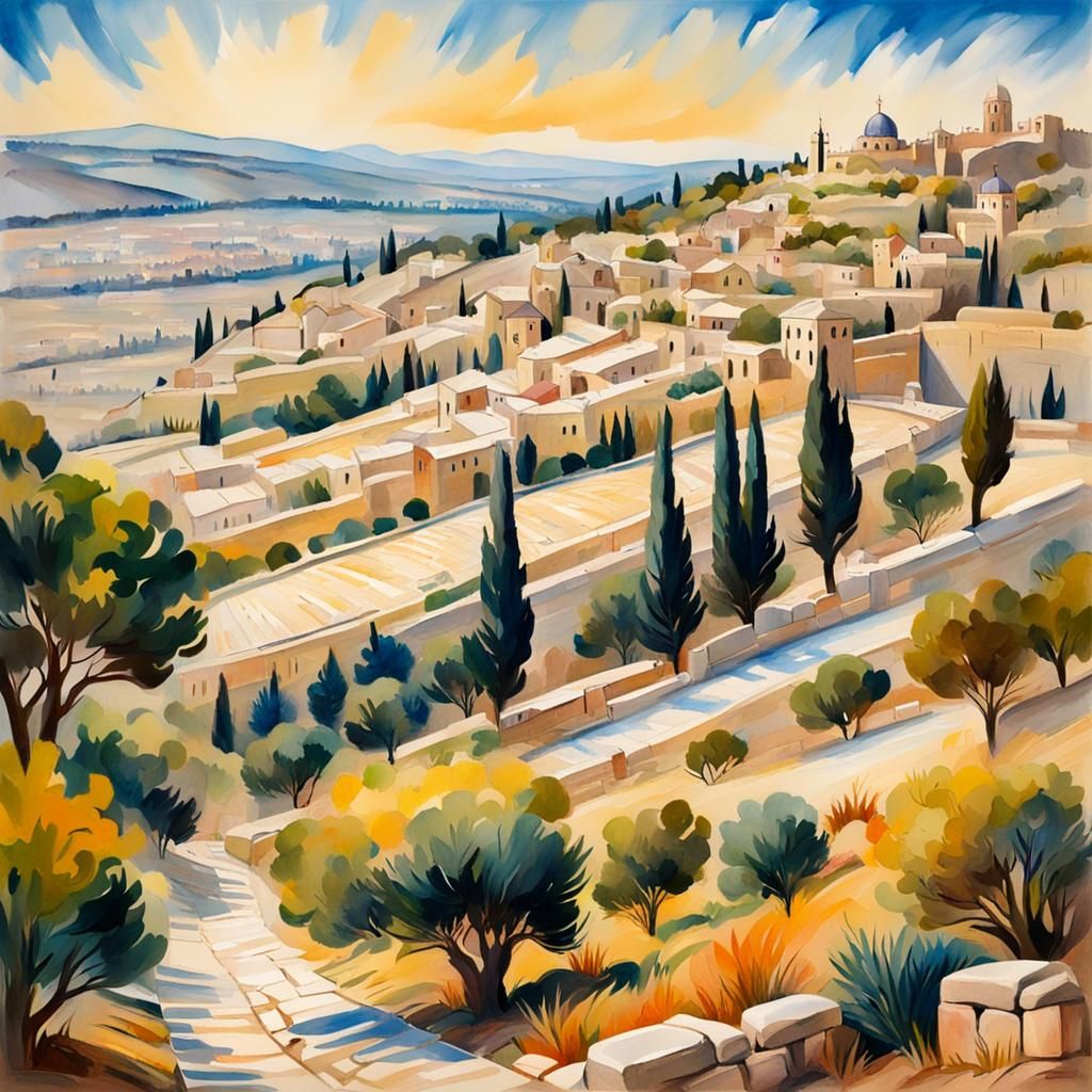 Mount of Olives in Gouache Style Impressionist Painting