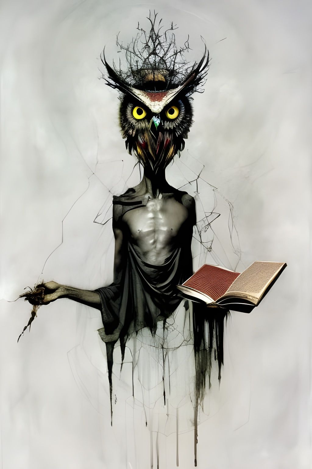 Demonic Owl with Book in Surreal Mixed Media Art