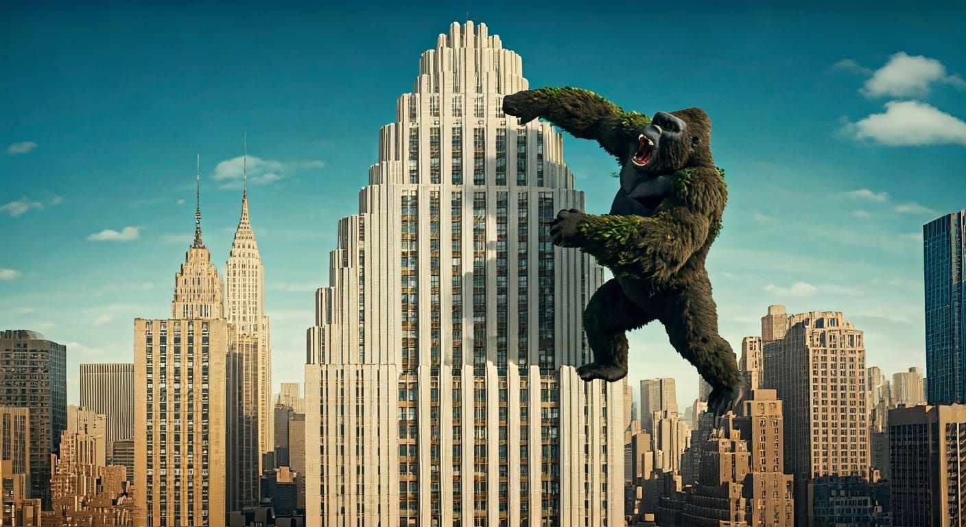 King Kong Attacks Art Deco Skyscraper in 1930s Style