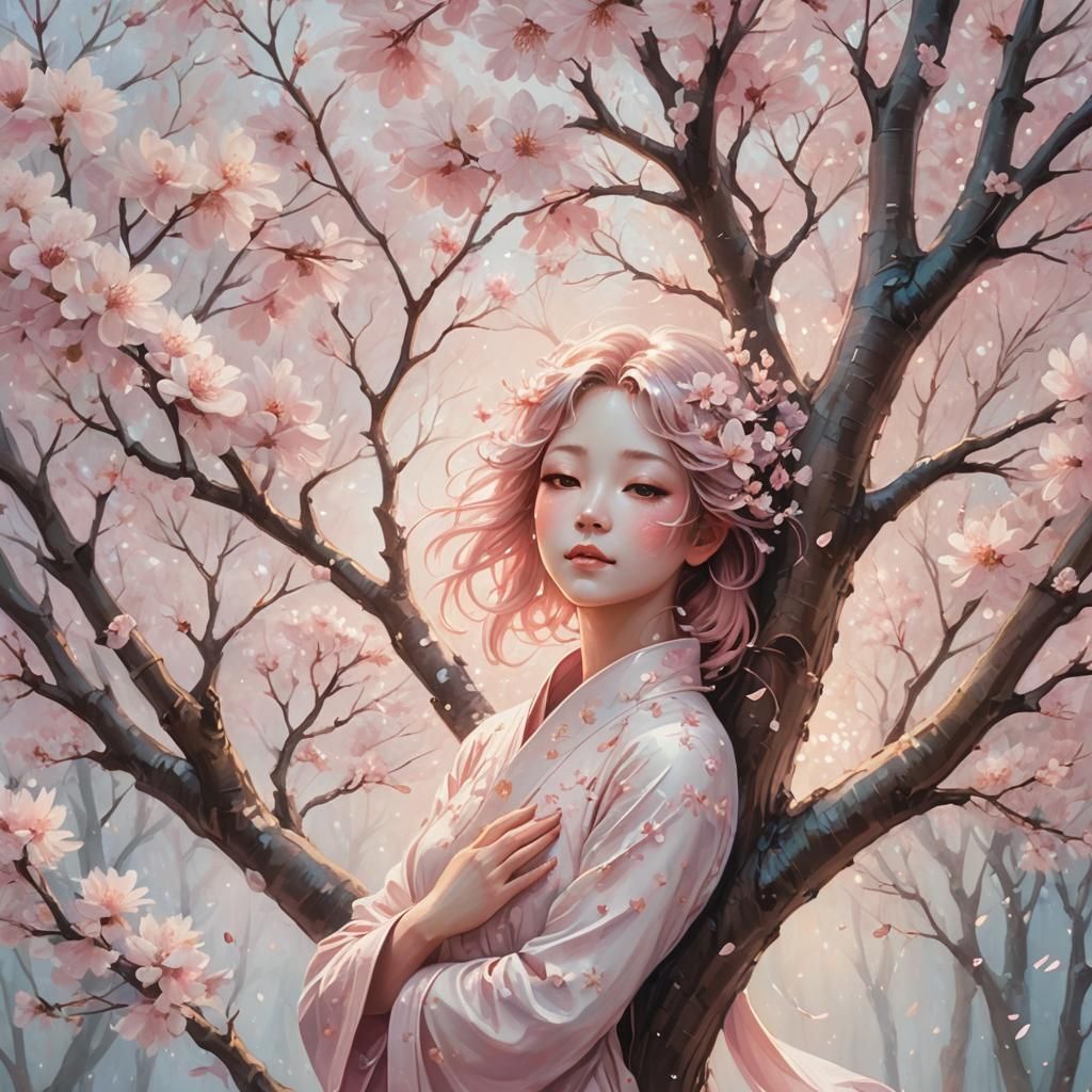 Ethereal Cherry Blossom Tree Spirit Fantasy Illustration
