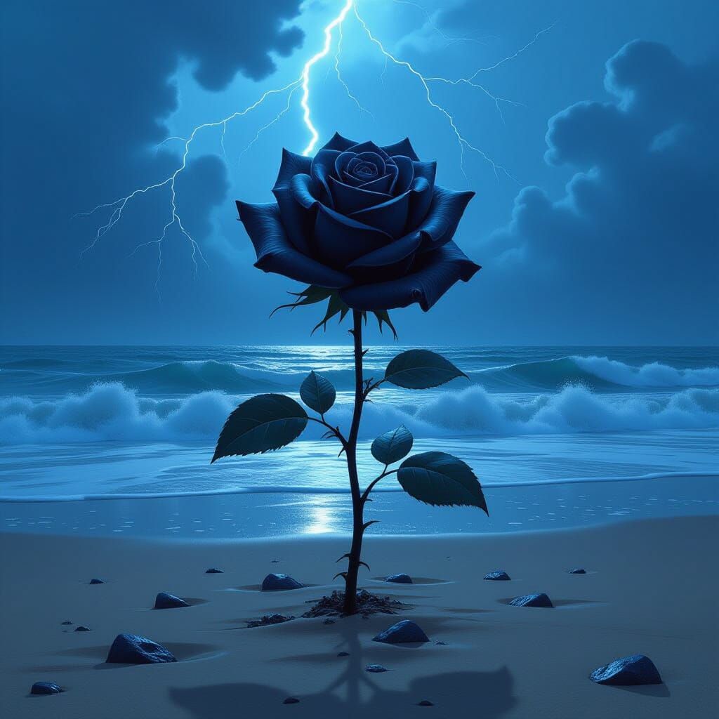 Obsidian Rose on a Stormy Beach