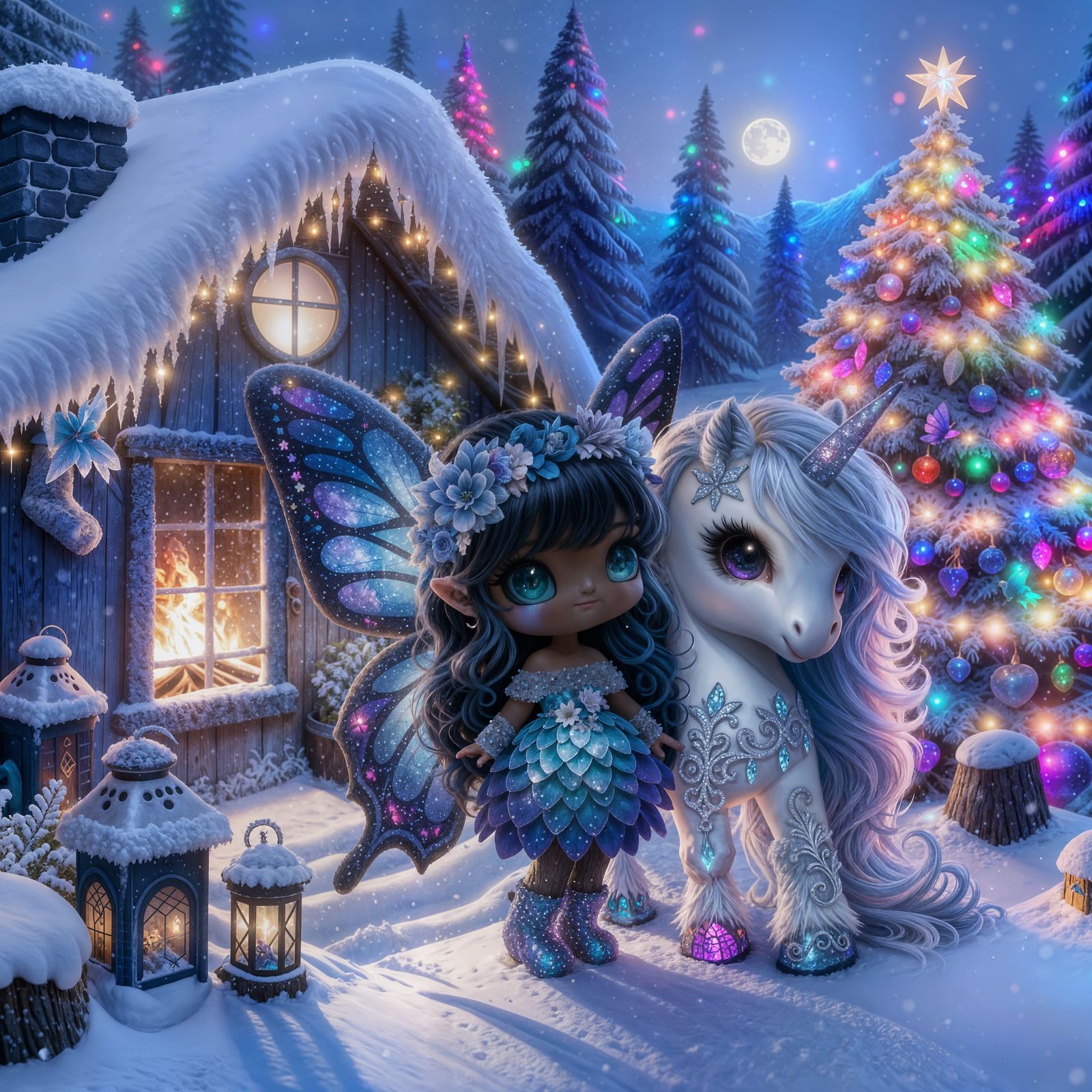 Chibi Fairy and Unicorn in Snowy Twilight Landscape