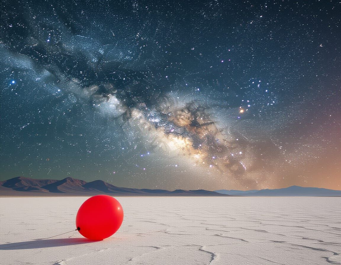 Milky Way Galaxy View with Red Balloon, Photorealistic 4K