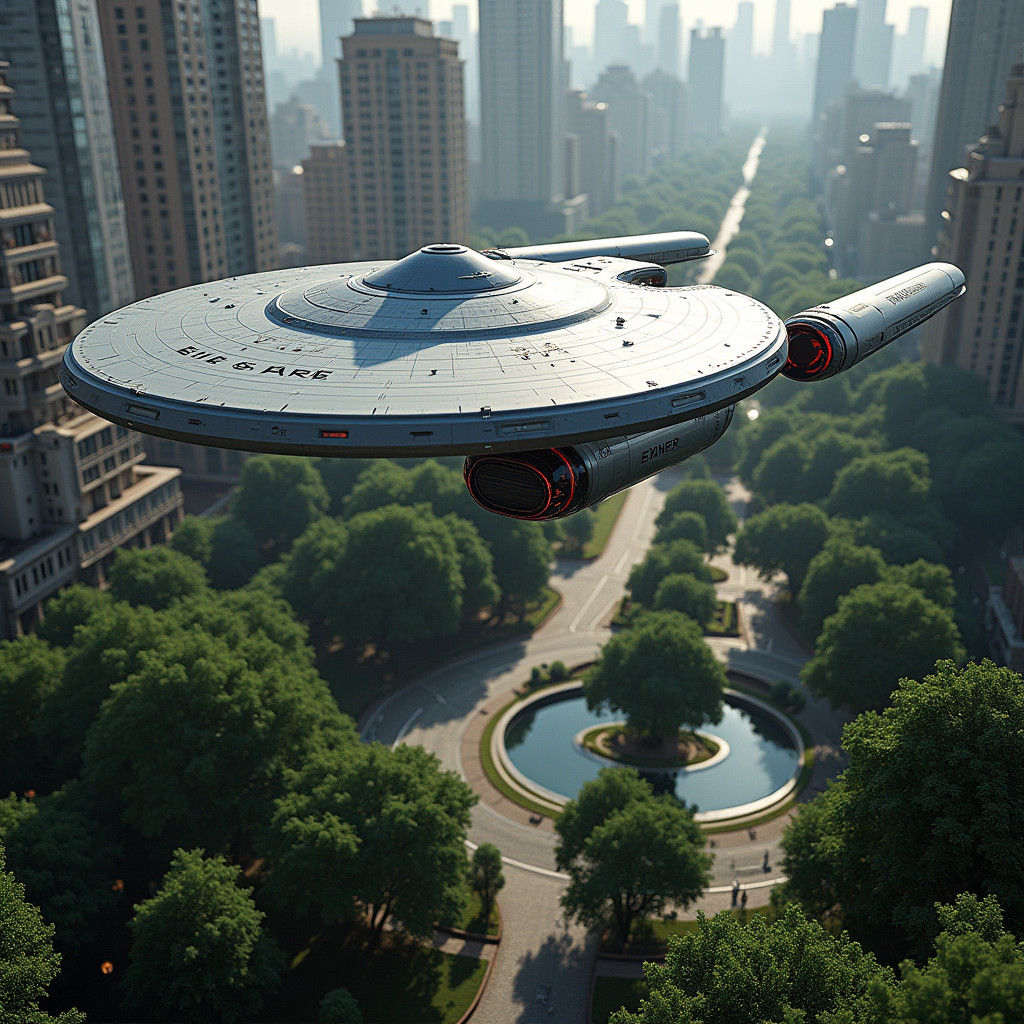 USS Enterprise Over Lush Futuristic Cityscape