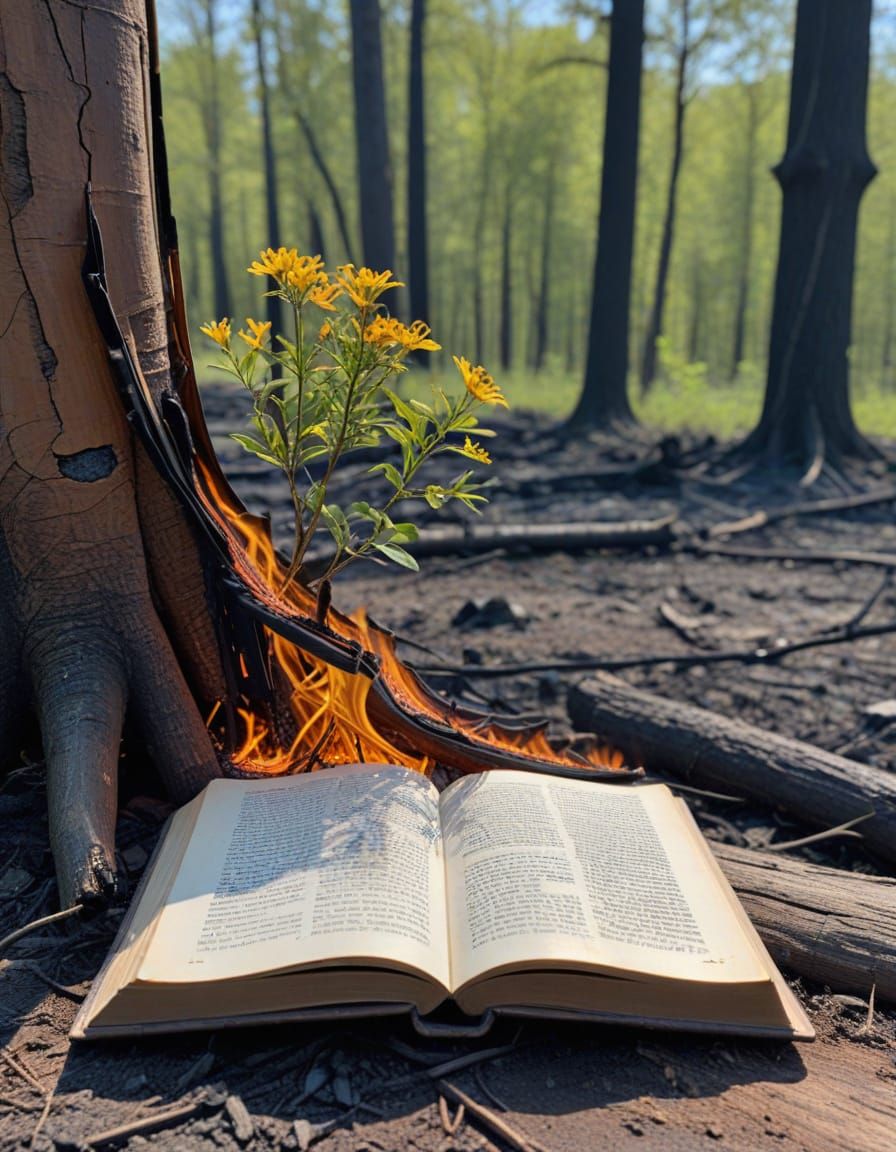Book Burning Scene with Blooming Wilderness