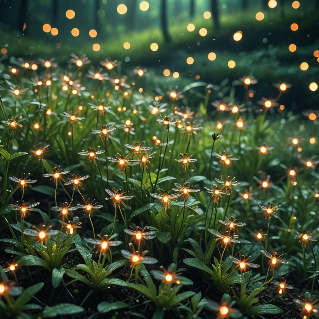 Fireflies Glow on Green Hillside: Ansel Adams Style