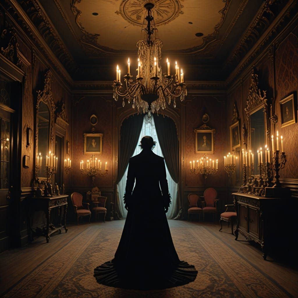 Ghostly Figure in Haunted Victorian Salon, Tim Burton Style