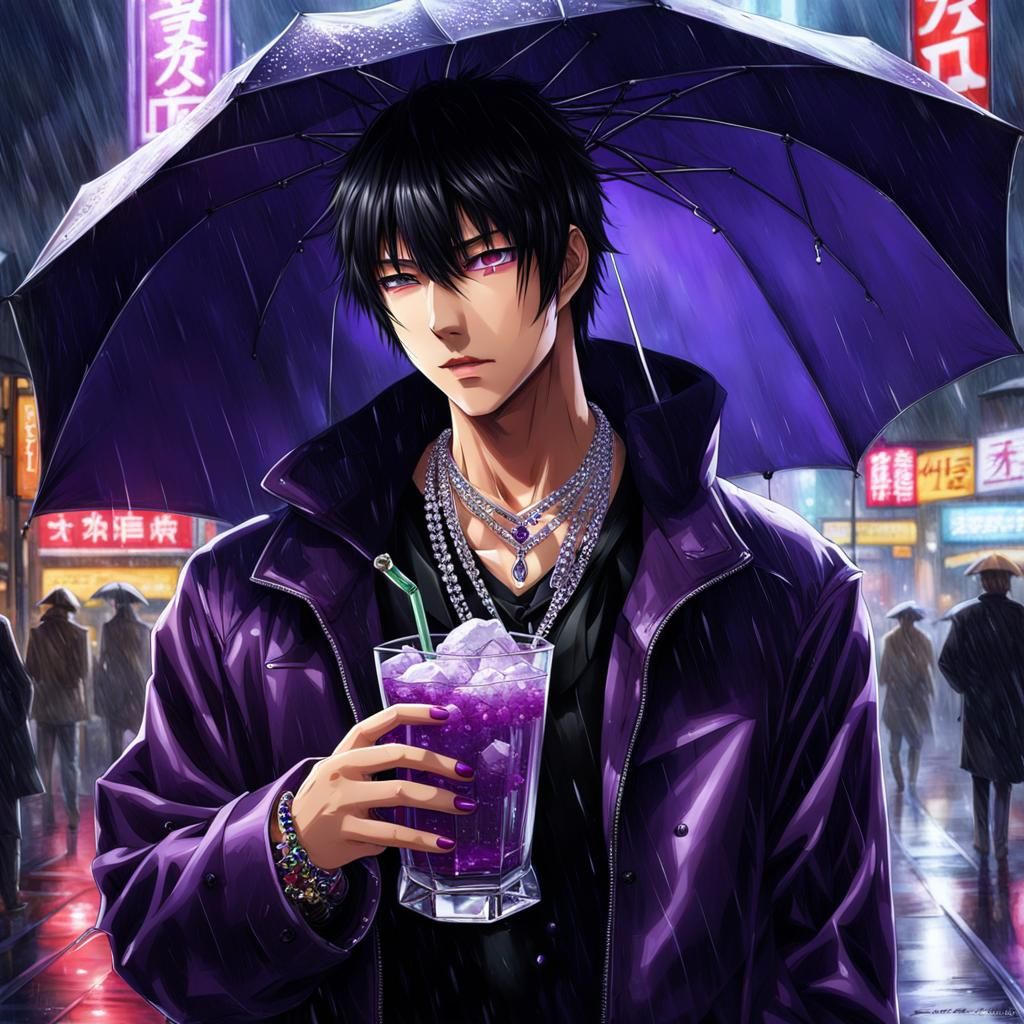 Hyperrealistic Yuji Itadori with Jewelry in Rain