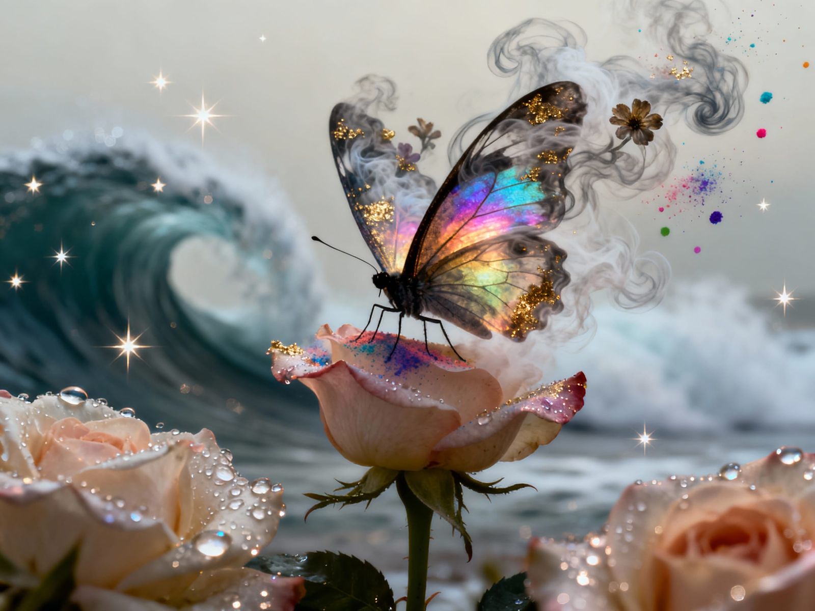 Majestic Butterfly of Smoke and Gold on Rose Petal