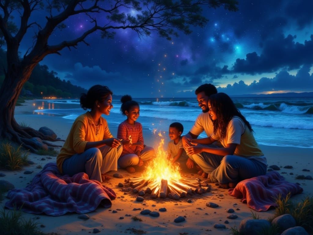 Bonfire on Beach with Family Under Starry Sky