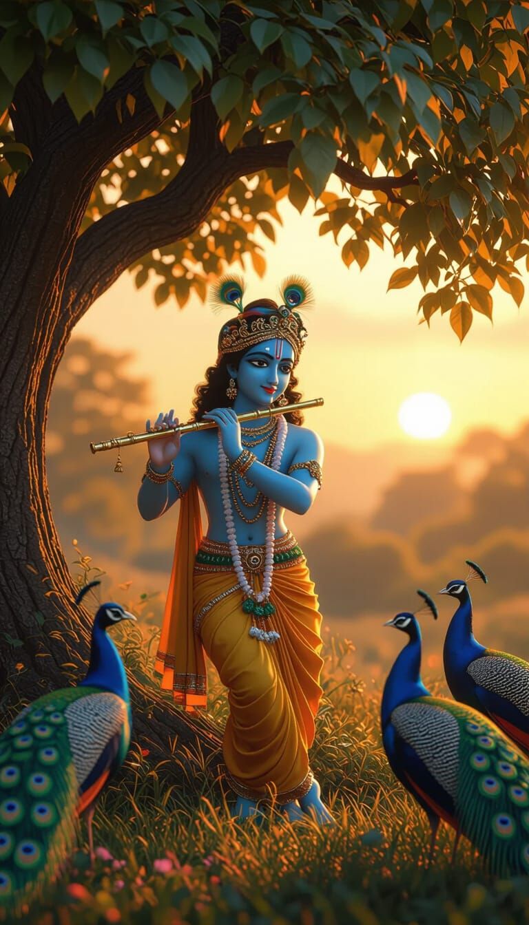 Lord Krishna Plays Flute: 3D Render with Sunset