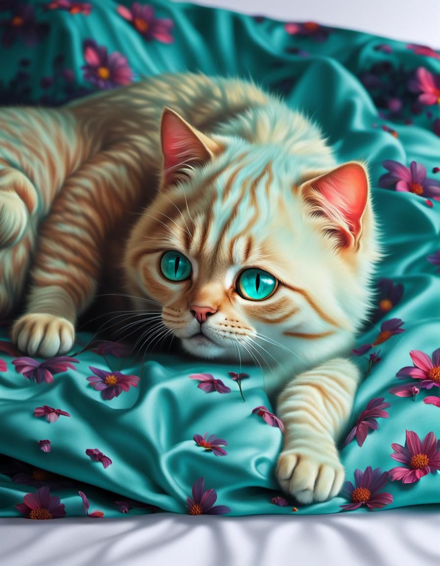 Blonde Cat with Red Eyes on Turquoise Bedding
