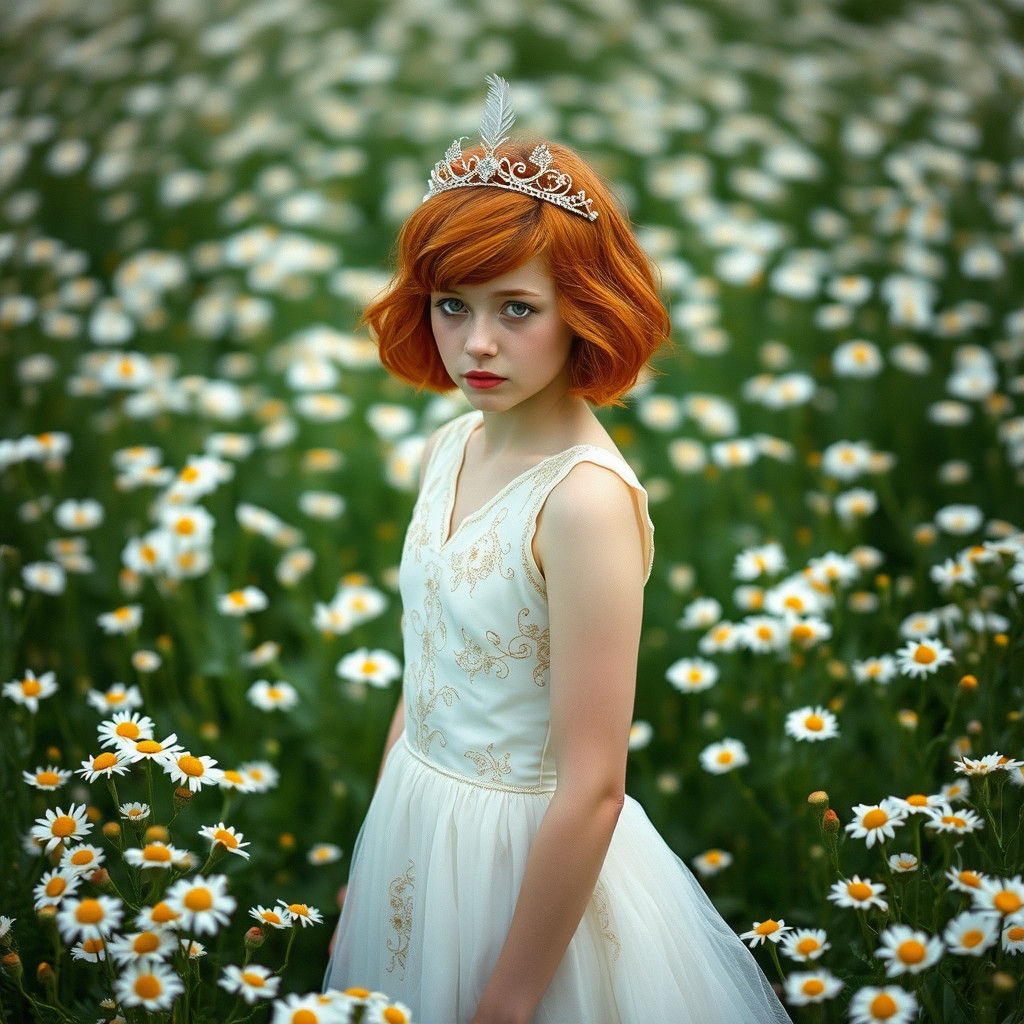 Red-Haired Princess in Daisy Field, Dreamlike Film Still