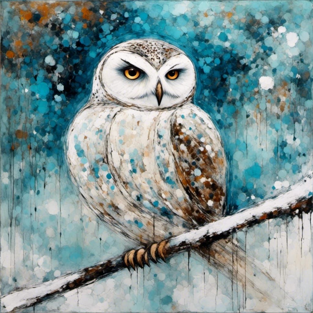 Snowy Owl Soaring Over Frozen Tundra in Art Brut