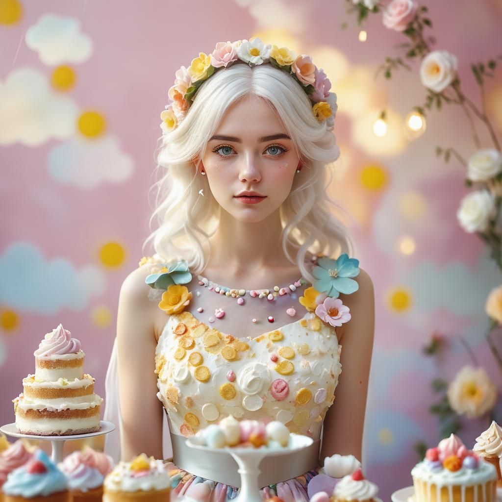 Surreal Girl Adorned with Cakes in Pastel Colors