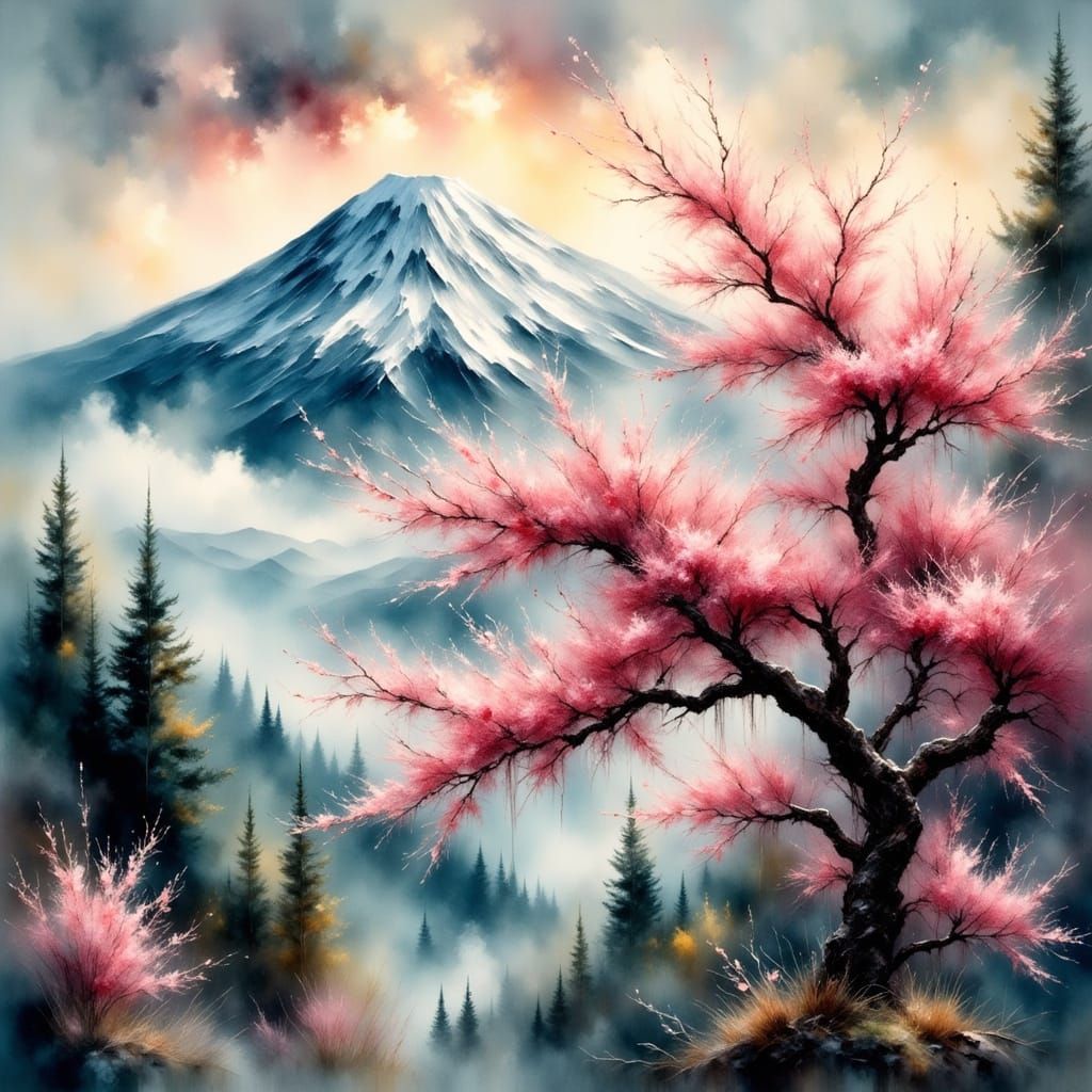Cherry Blossom Portrait with Snow-Capped Mount Fuji