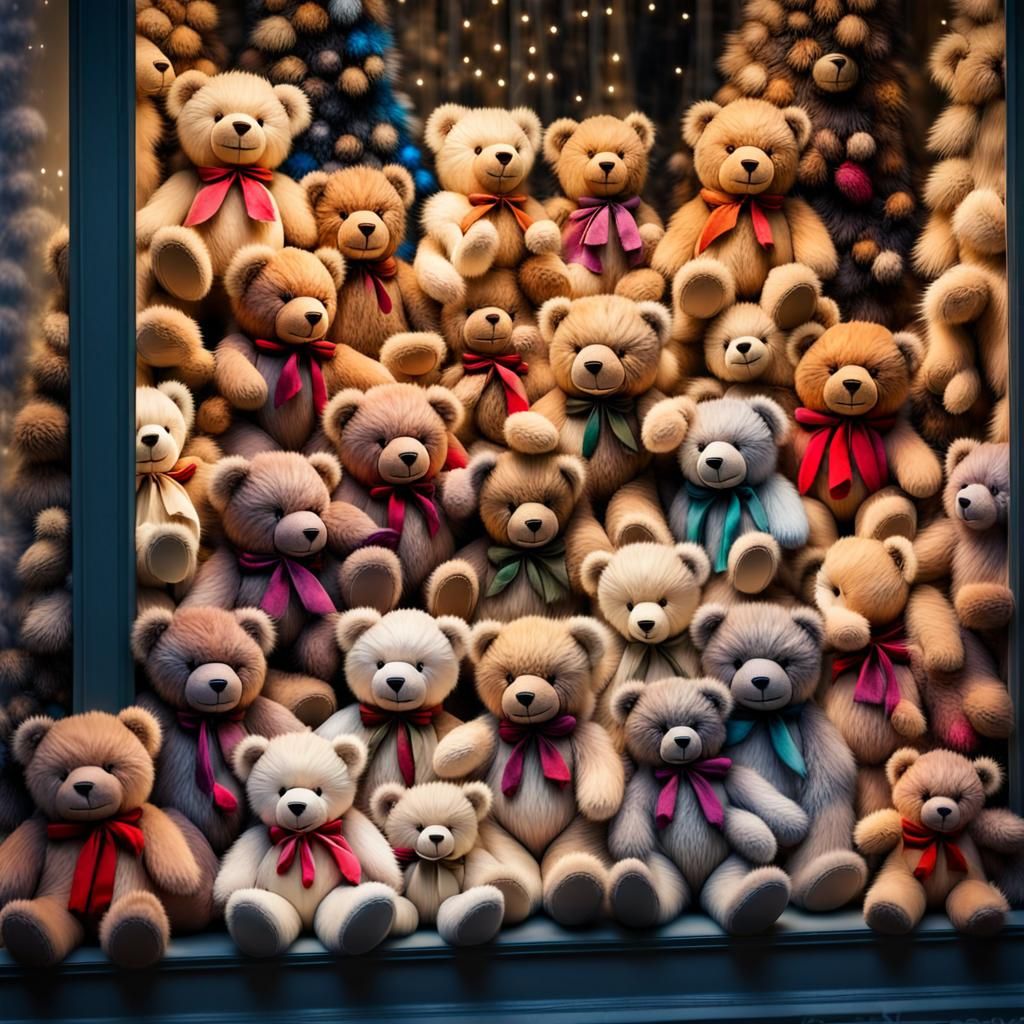 Teddy Bears in Window Display as Impasto Painting