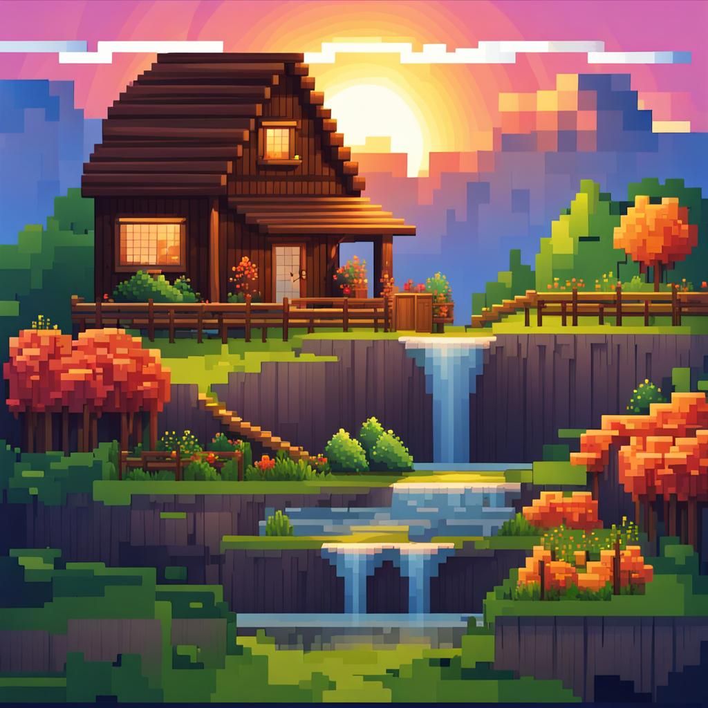 Pixel Art Sunset Waterfall Scene