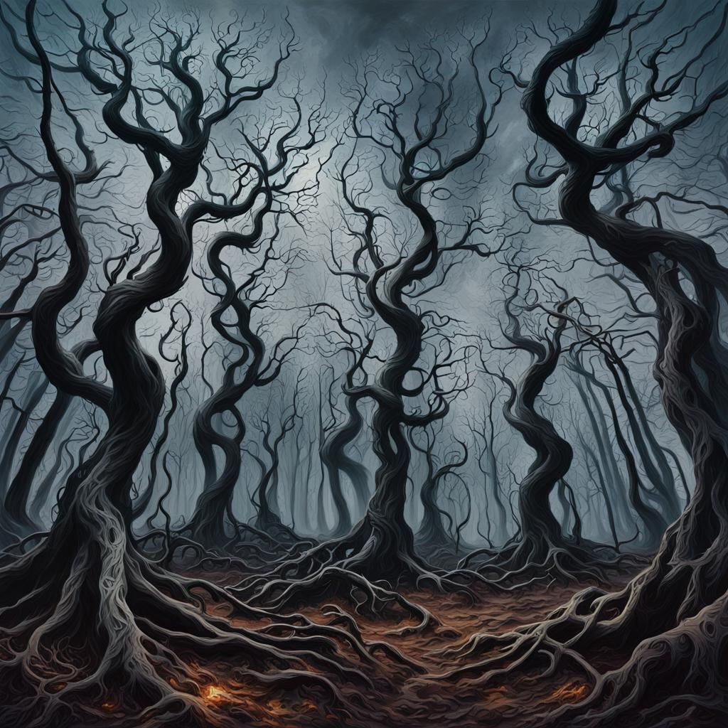 Gnarled Forest in Dark Fantasy Landscape