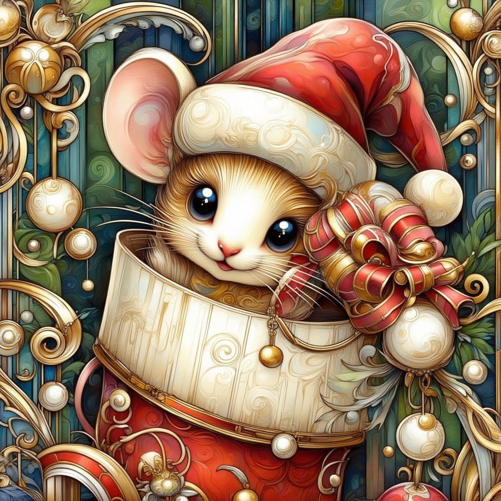 <lora:Art deco nouveau 2:1.0> cute adorable Christmas mouse Christmas tree stocking with a package abstract with Christm...