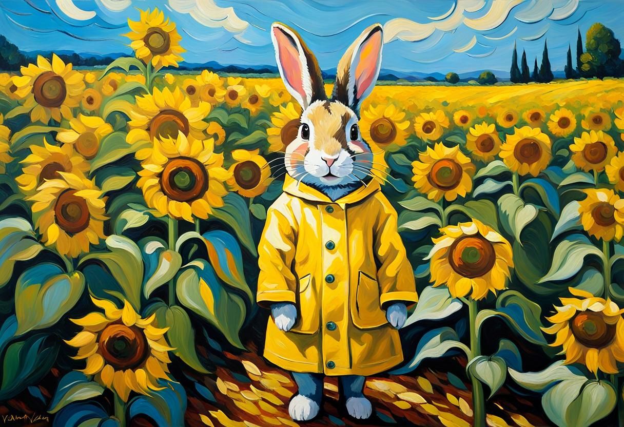 Rabbit in Sunflower Field: Impressionist Acrylic Painting