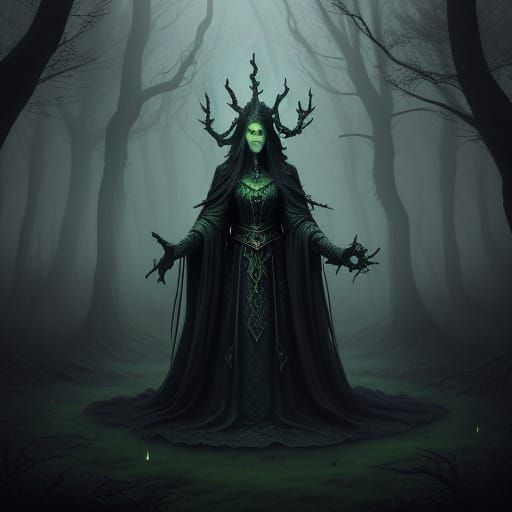 Sorceress in Dark Mystic Forest