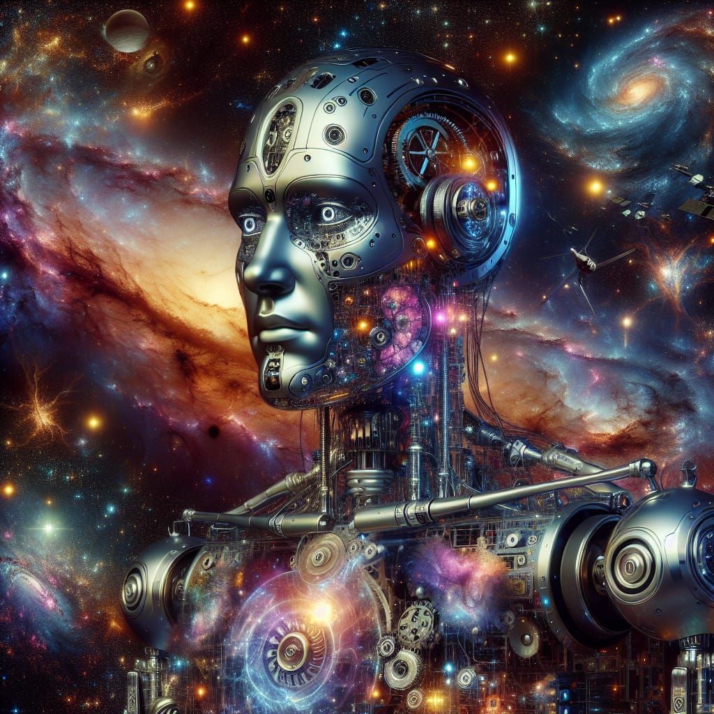 Hispanic Cyborg Floating in Colorful Cosmic Scene