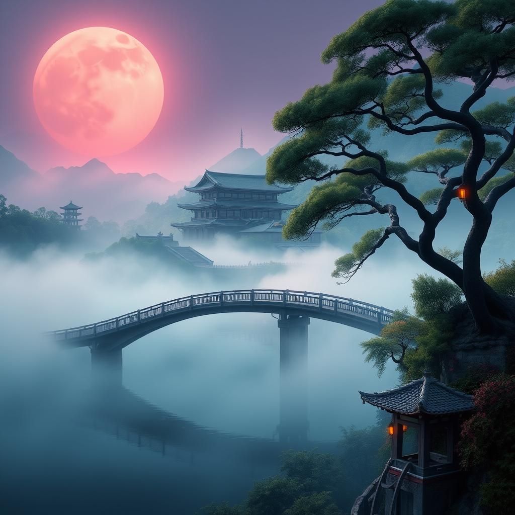 Misty Edo Bridge with Lunar Illumination