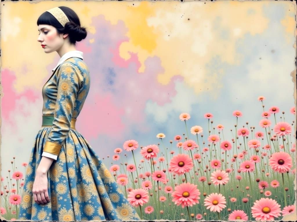 Woman with Floral Background in Klimt-Inspired Style