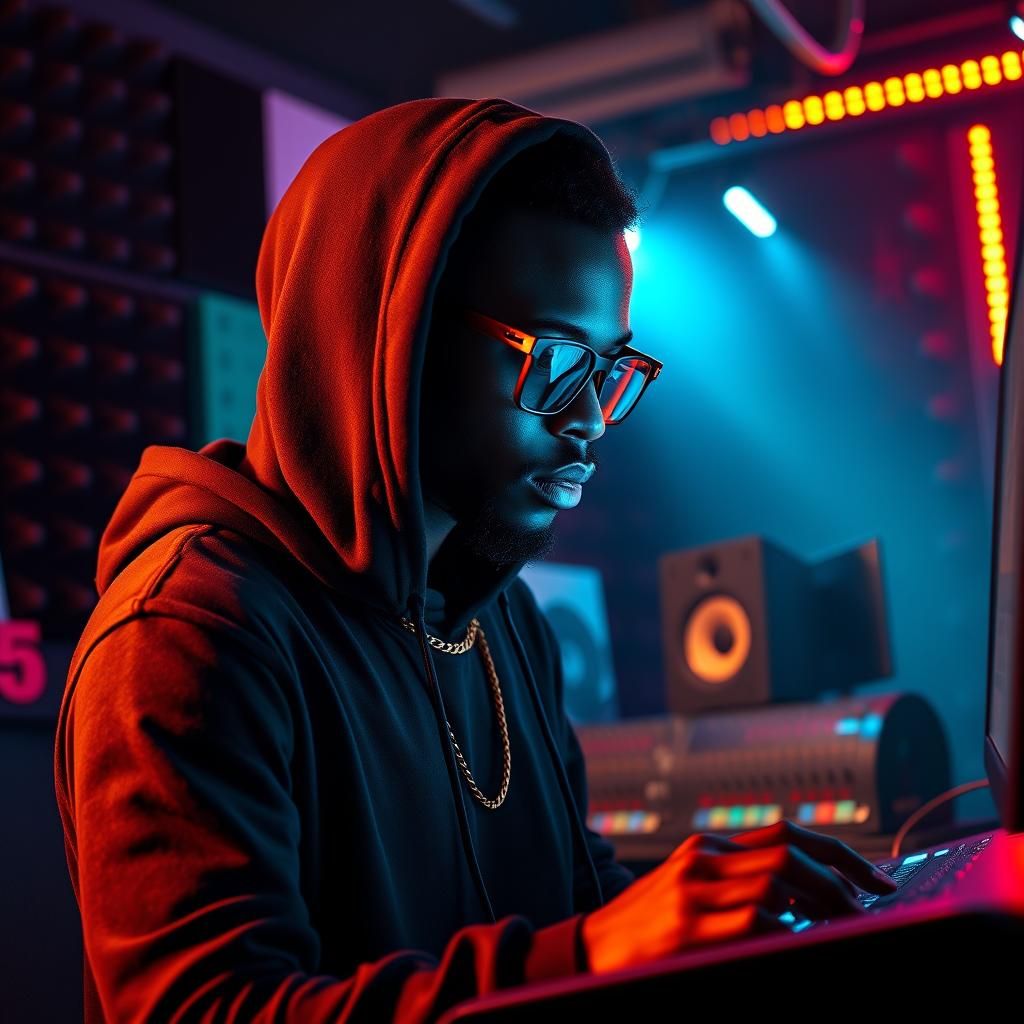 Music Producer Creating Beats in Avant-Garde Studio