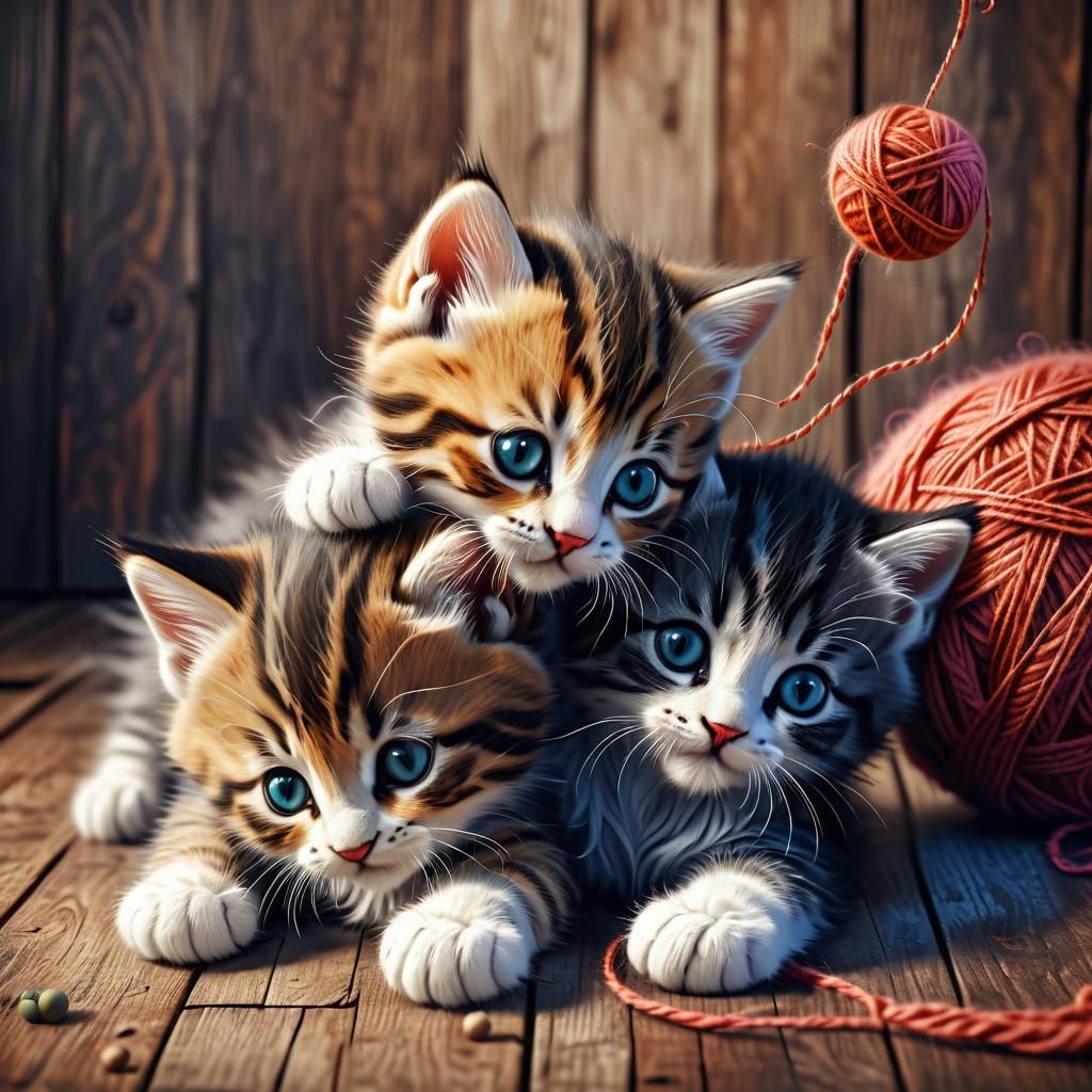 Cute Kittens Playing with Yarn