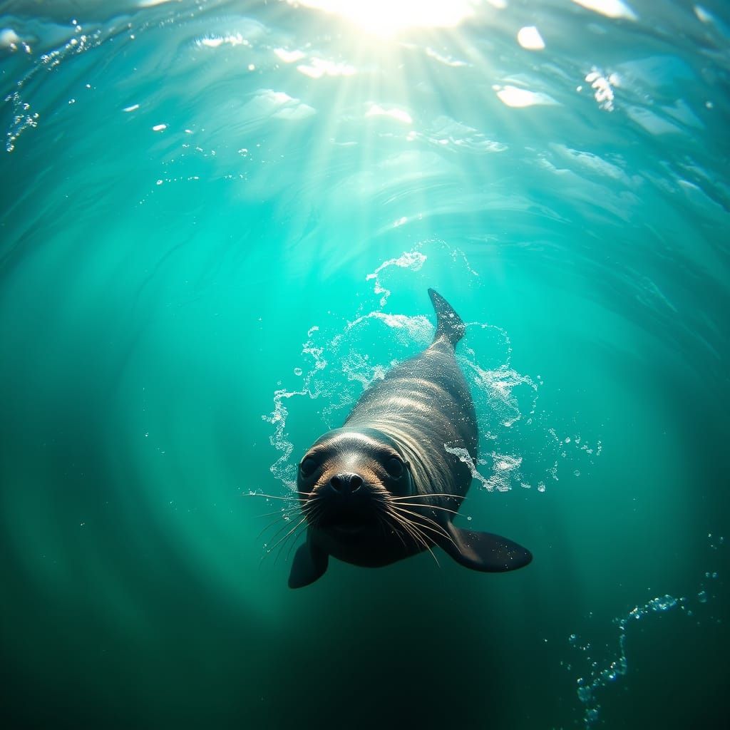 Mythical Selkie Seal Plays in Sunlit Turquoise Ocean