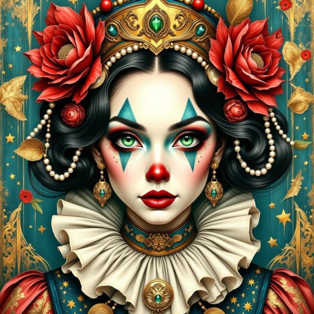 Neo-Traditional Clown Woman Portrait with Golden Headpiece