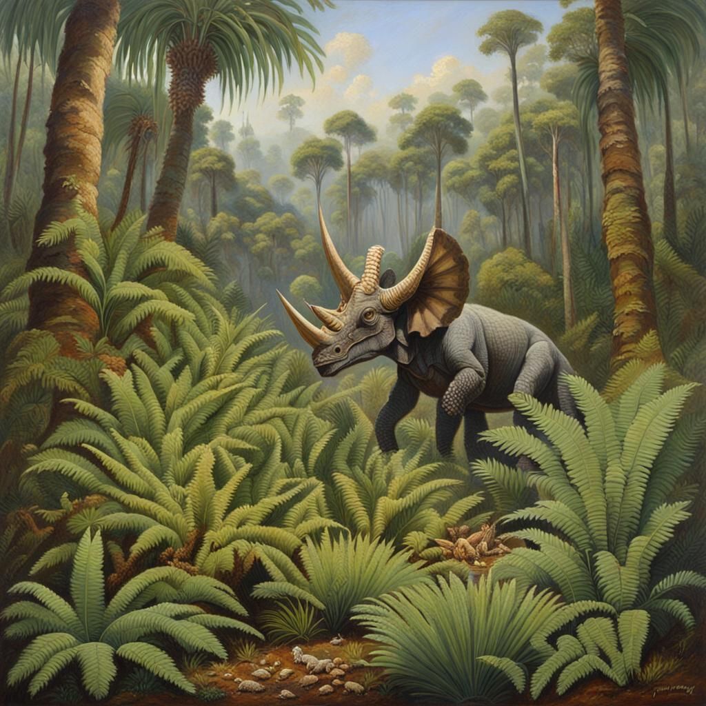 Triceratops Grazing in Prehistoric Forest, Oil Painting