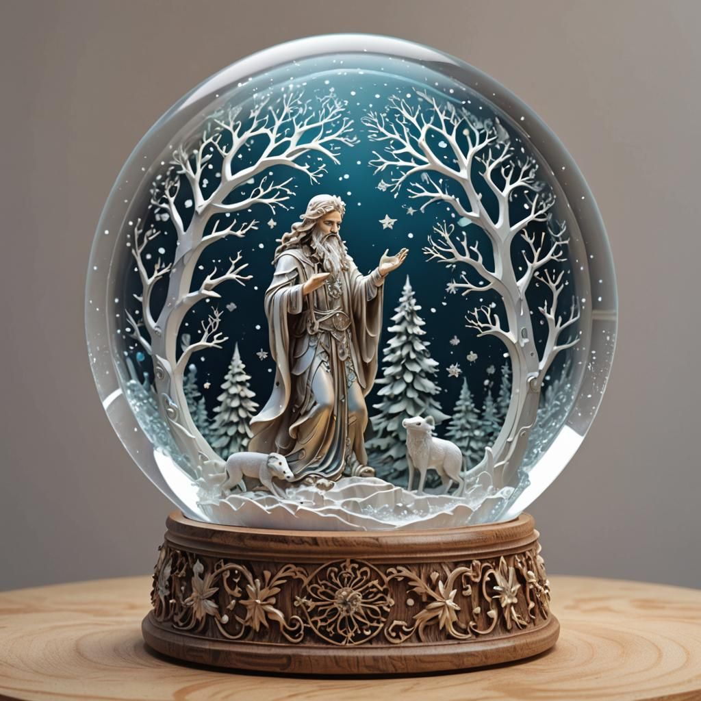 Intricate Christmas Snow Globe Wood Carving