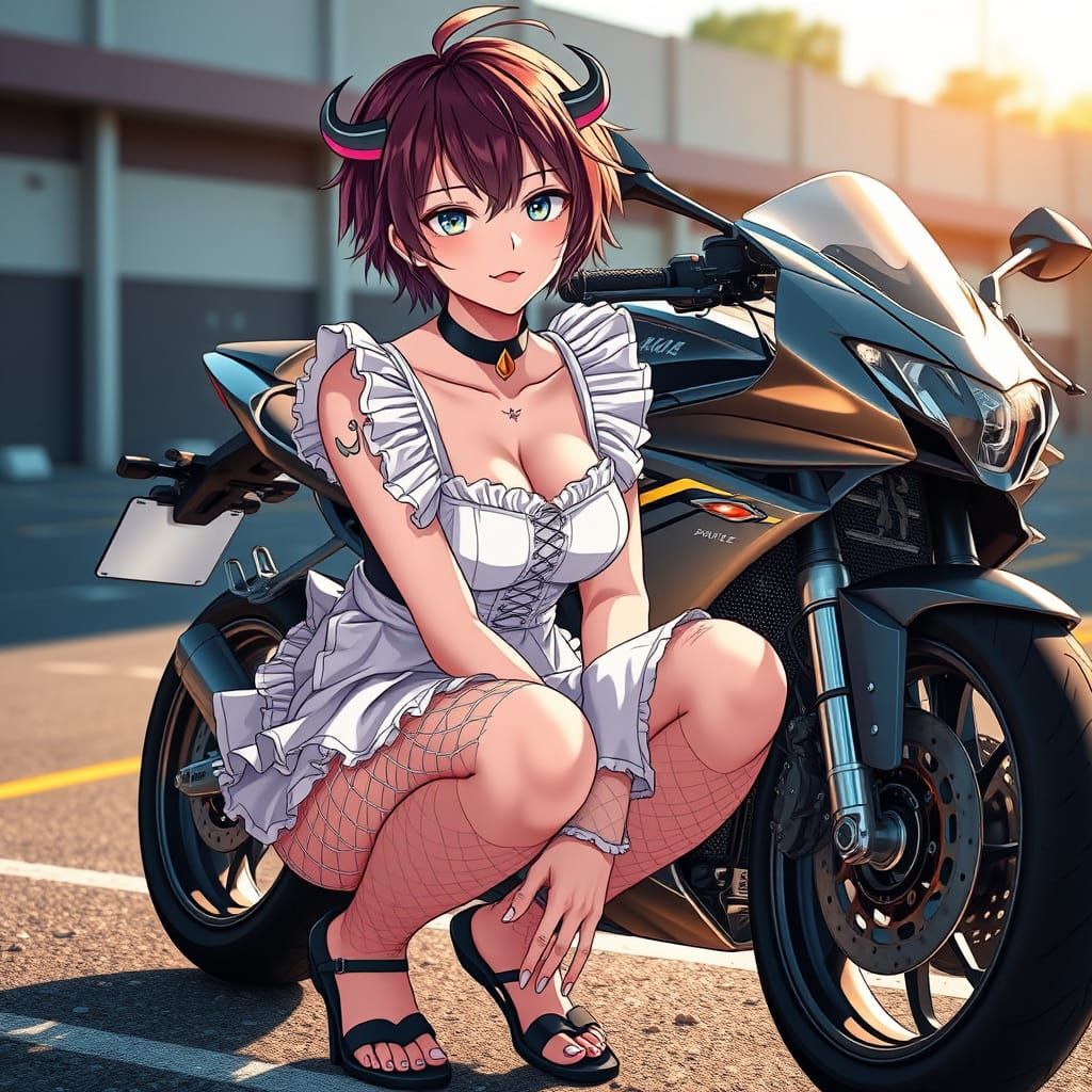 Vibrant Emo Woman on Motorcycle in Morning Light