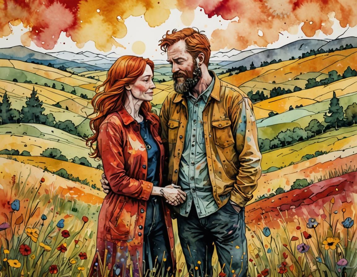 Couple Cuddling in Meadow: Mixed Media Illustration