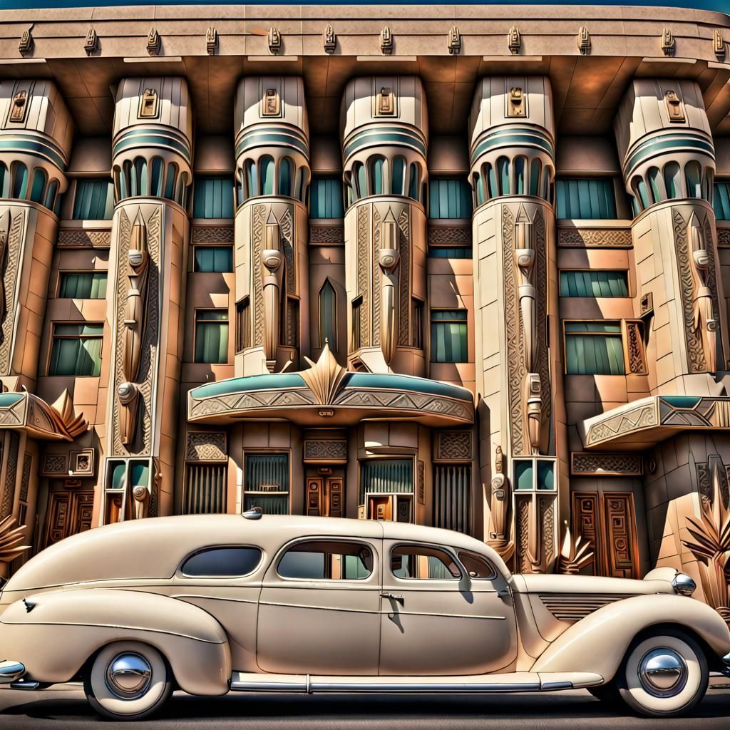Art Deco City Panorama with Egyptian Motifs
